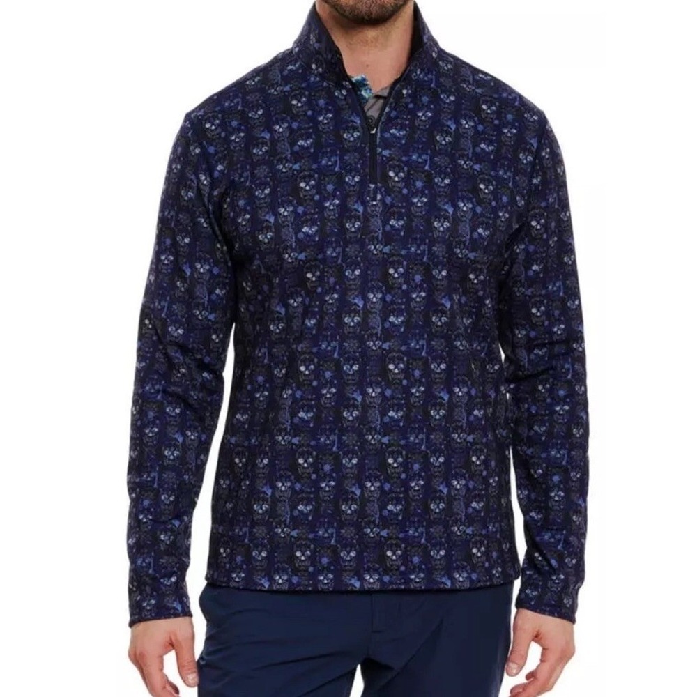 Robert Graham Mens Cutting Edge Blue Skull Print 1/4 Zip Shirt Large Classic Fit